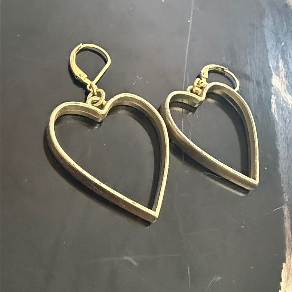 Antique Gold Heart Hoop Earrings - BRAND NEW - Dangle Heart Earrings